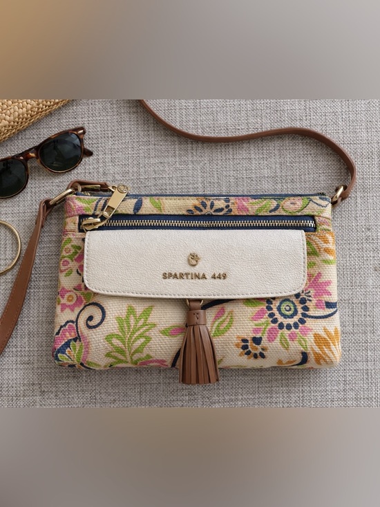 Spartina 449 Handbags - Spartina 449 Floral Crossbody Bag Canvas Leather Trim Tassel Coastal